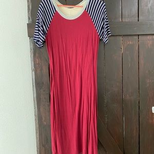 Sweet Claire, size medium, maroon, with navy colored sleeves and white stripes